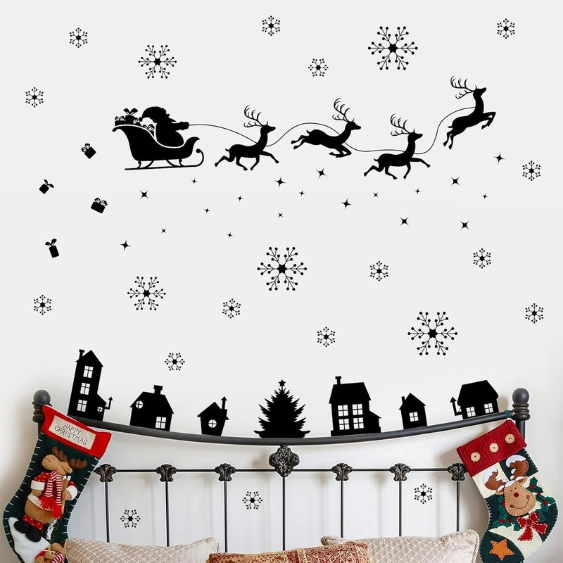Kasubeso Merry Christmas Wall Decal Black Santa Reindeer Snowflake Window Clings Wall Stickers Removable Xmas Vinyl Wall Decor for Holiday Party Bedroom Office Living Room Home Decoration - Image 3